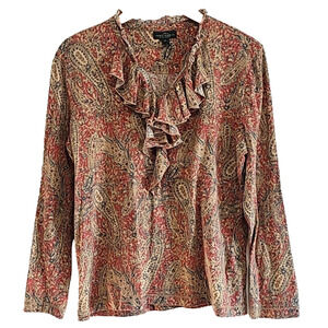 LRL Lauren Jeans Co Blouse Ruffle Long Sleeves Size XL Paisley Equestrian Preppy